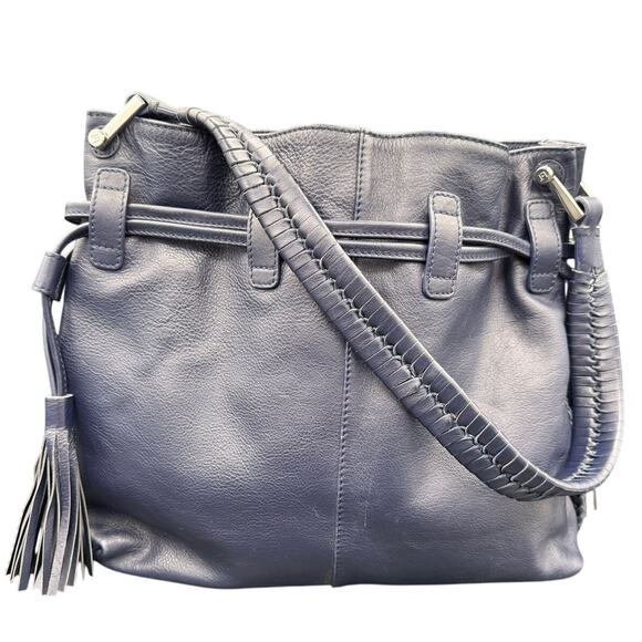 Rare Le Tanneur Women's Dark Blue Braided Drawstring Purple Leather Purse Boho